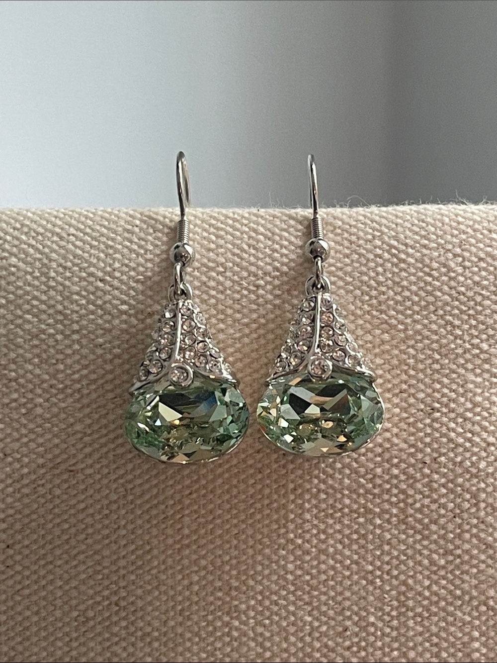 Silver-Tone Green Crystal tear Drop Earrings